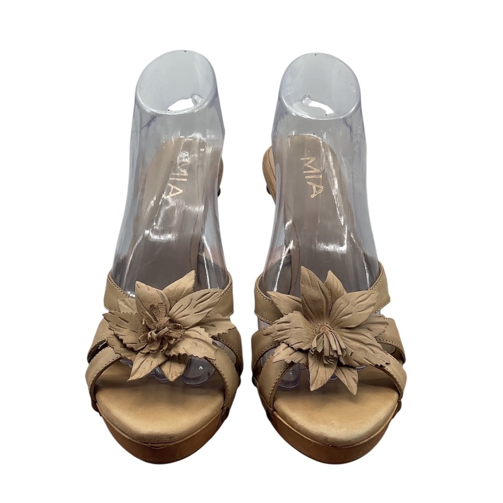 MIA Tan Leather Floral Wedge Sandals Wood Platform Studded Mules Size 10M Brazil